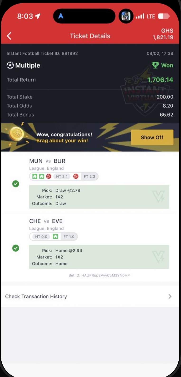 Winning Instant Football ticket showing GHS 1,706.14 total return